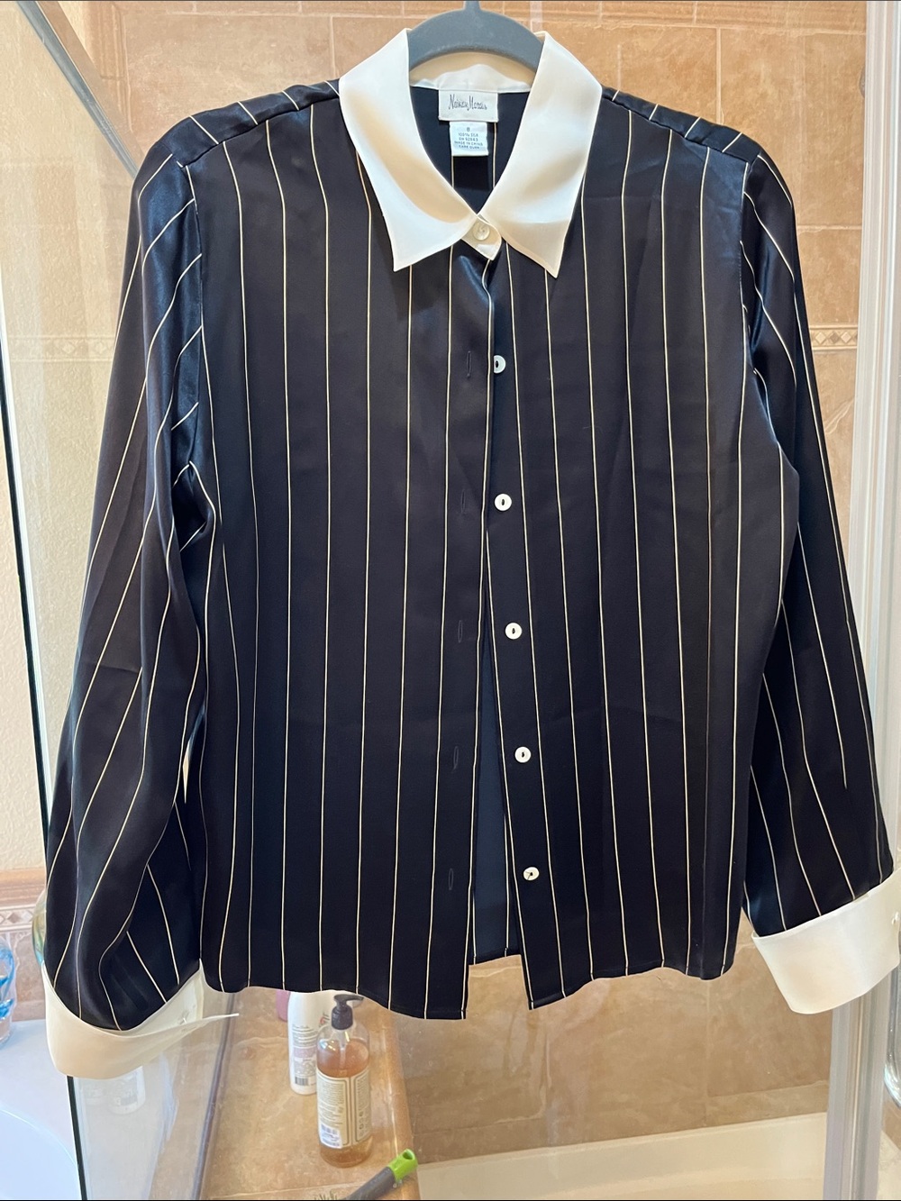 karin stevens Black Pinstripe Button-Down Blouse with White Collar and Cuffs